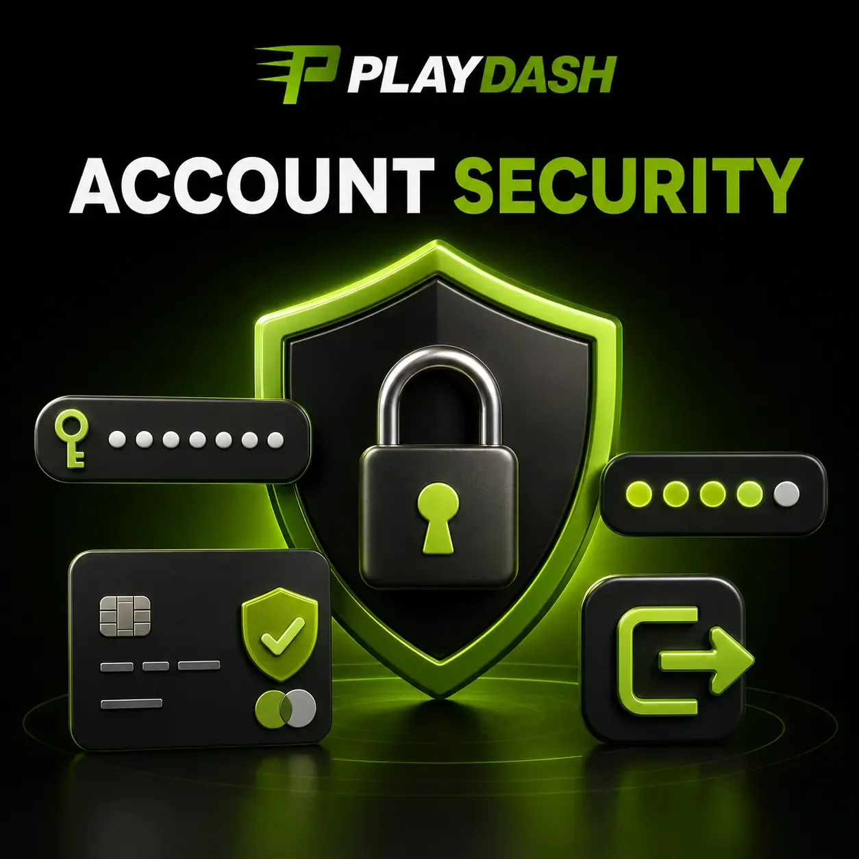 PLAYDASH account security artwork with a shield, padlock, password fields and logout icon