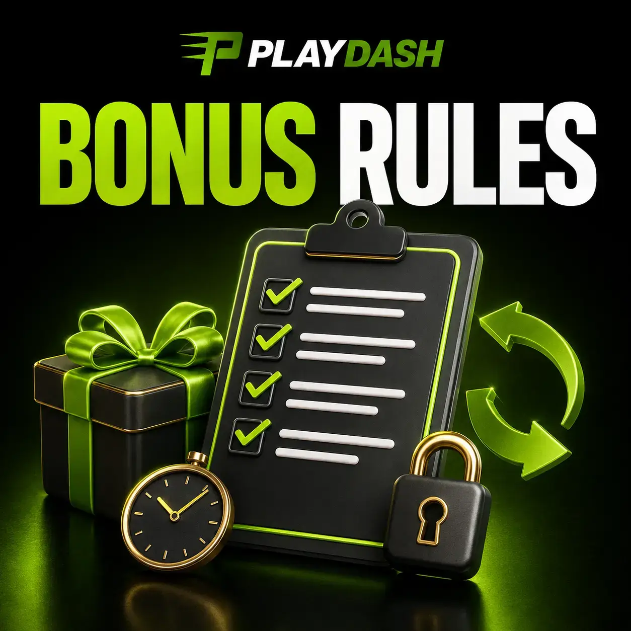 PLAYDASH 奖金规则插图：清单夹板、礼盒、秒表和挂锁