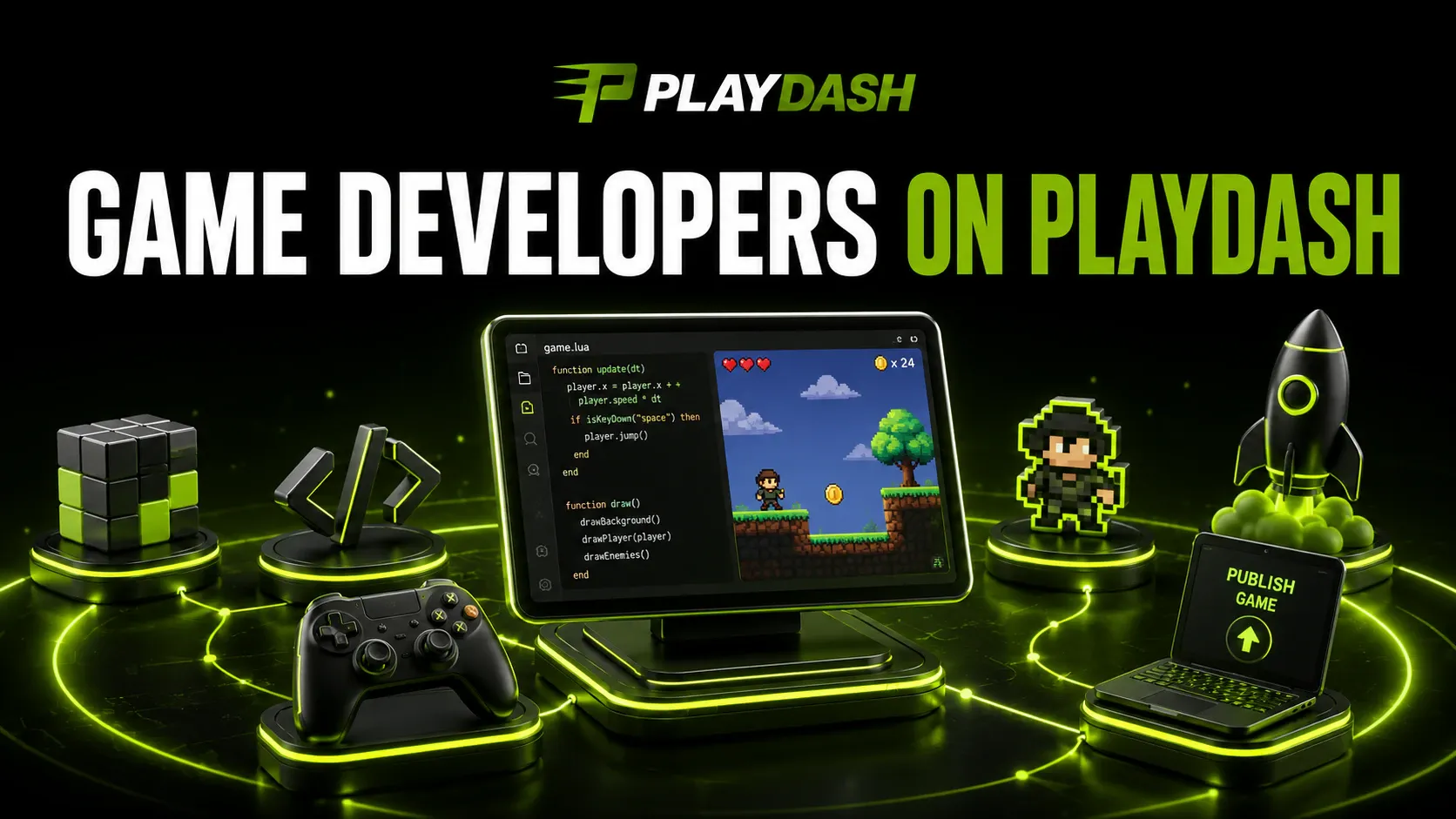 PLAYDASH 游戏开发商插图：编程平板、手柄和发布图标