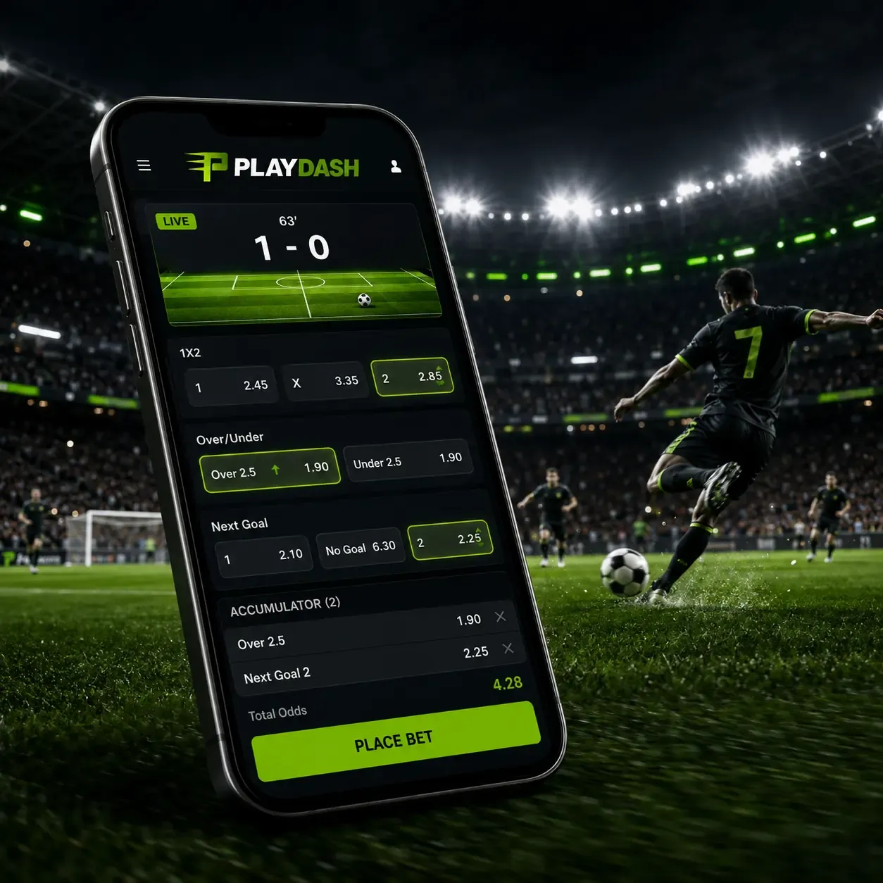 智能手机上的 PLAYDASH 足球滚球投注：实时比分、赔率和串关投注单