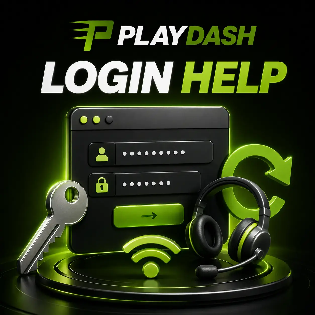 PLAYDASH login help artwork with a login form, key, headset and refresh arrow