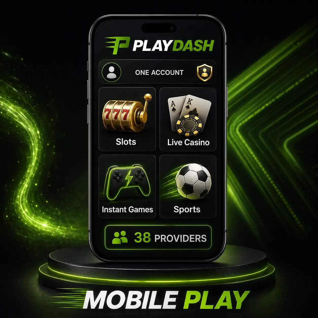 PLAYDASH 手机游戏插图：一个账户涵盖老虎机、真人娱乐场、即时游戏和体育，来自 38 家供应商