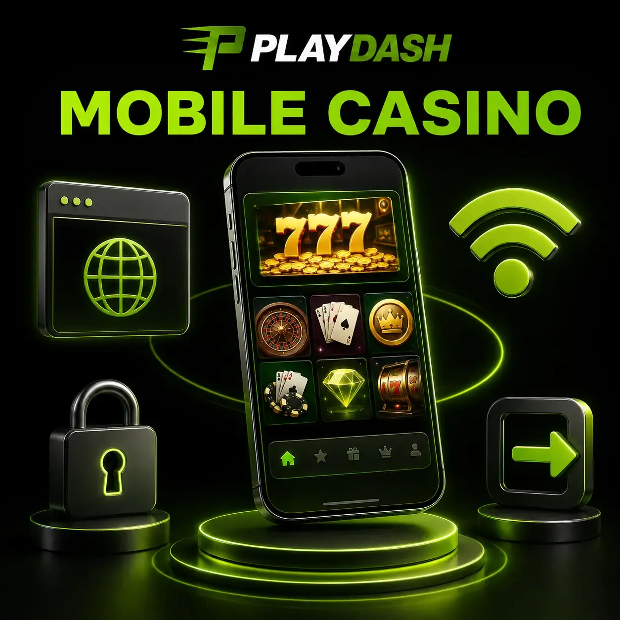 PLAYDASH 手机娱乐场插图：手机、浏览器图标、挂锁、Wi-Fi 符号和退出箭头