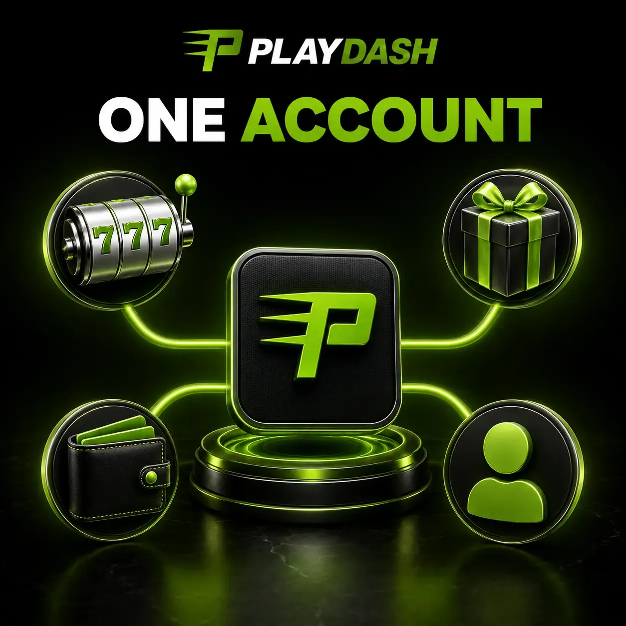 PLAYDASH 单一账户插图：钱包、游戏、礼物和个人资料围绕 P 标志相连