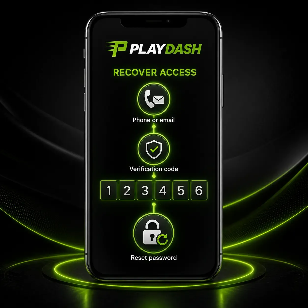 PLAYDASH recover access artwork with phone or email, verification code and reset password steps