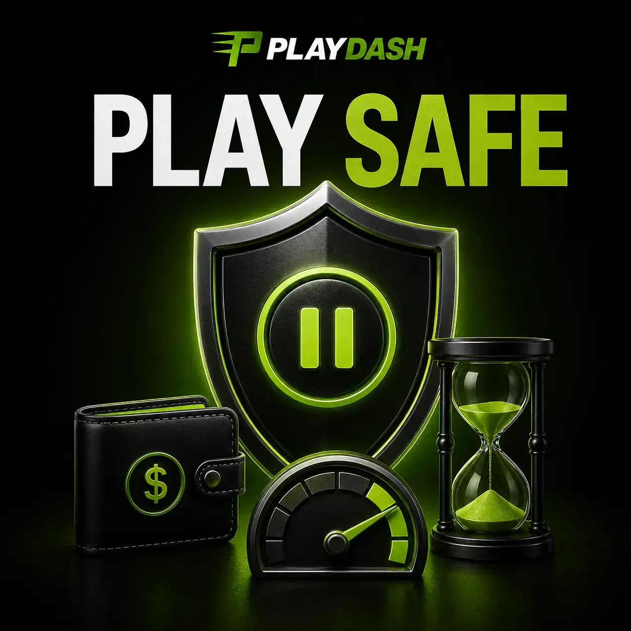 PLAYDASH play safe artwork with a pause shield, wallet, speedometer and hourglass