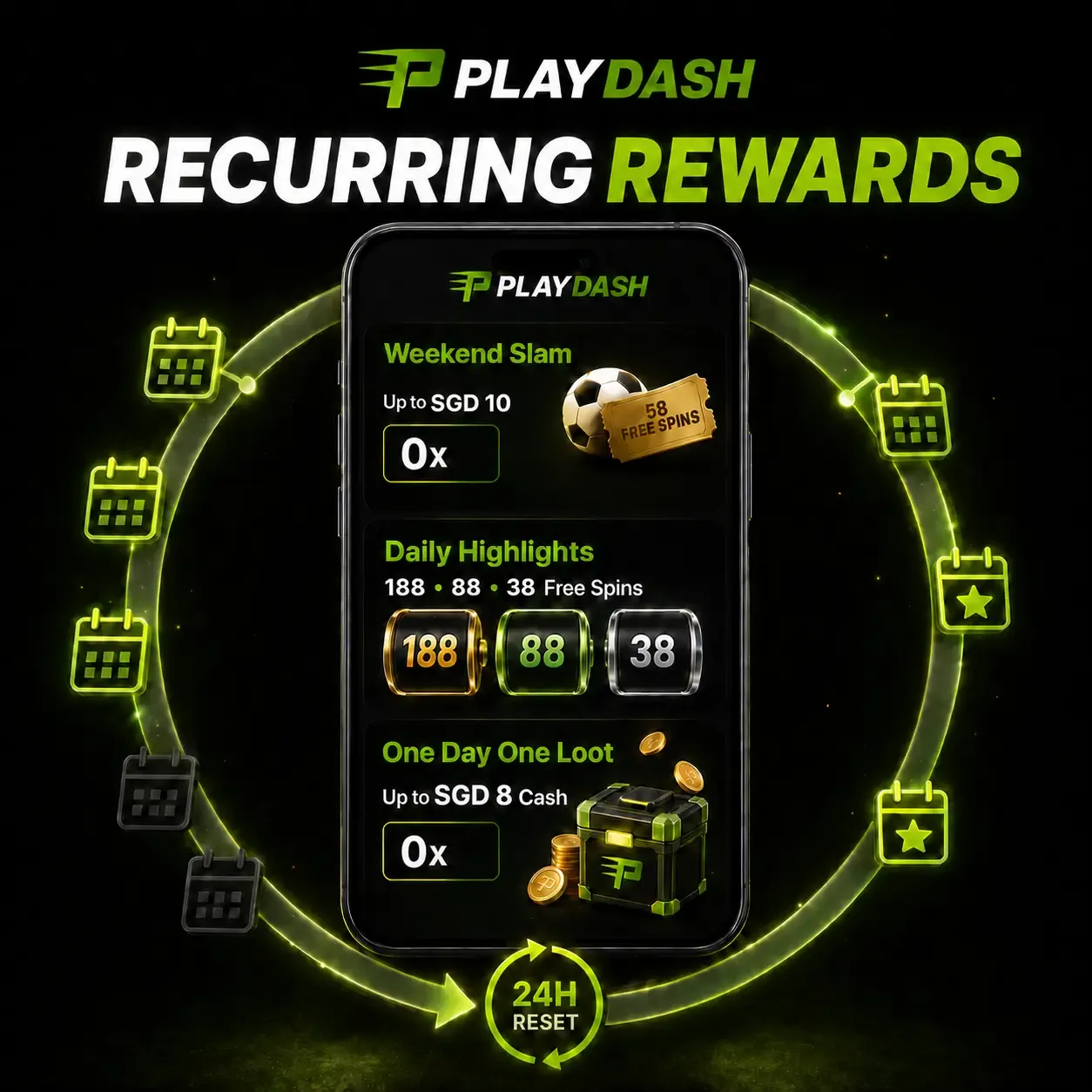 PLAYDASH 常规奖励插图：Weekend Slam 最高 SGD 10 且 0x，Daily Highlights 188、88、38 次免费旋转，One Day One Loot 最高 SGD 8 现金且 0x，24 小时重置