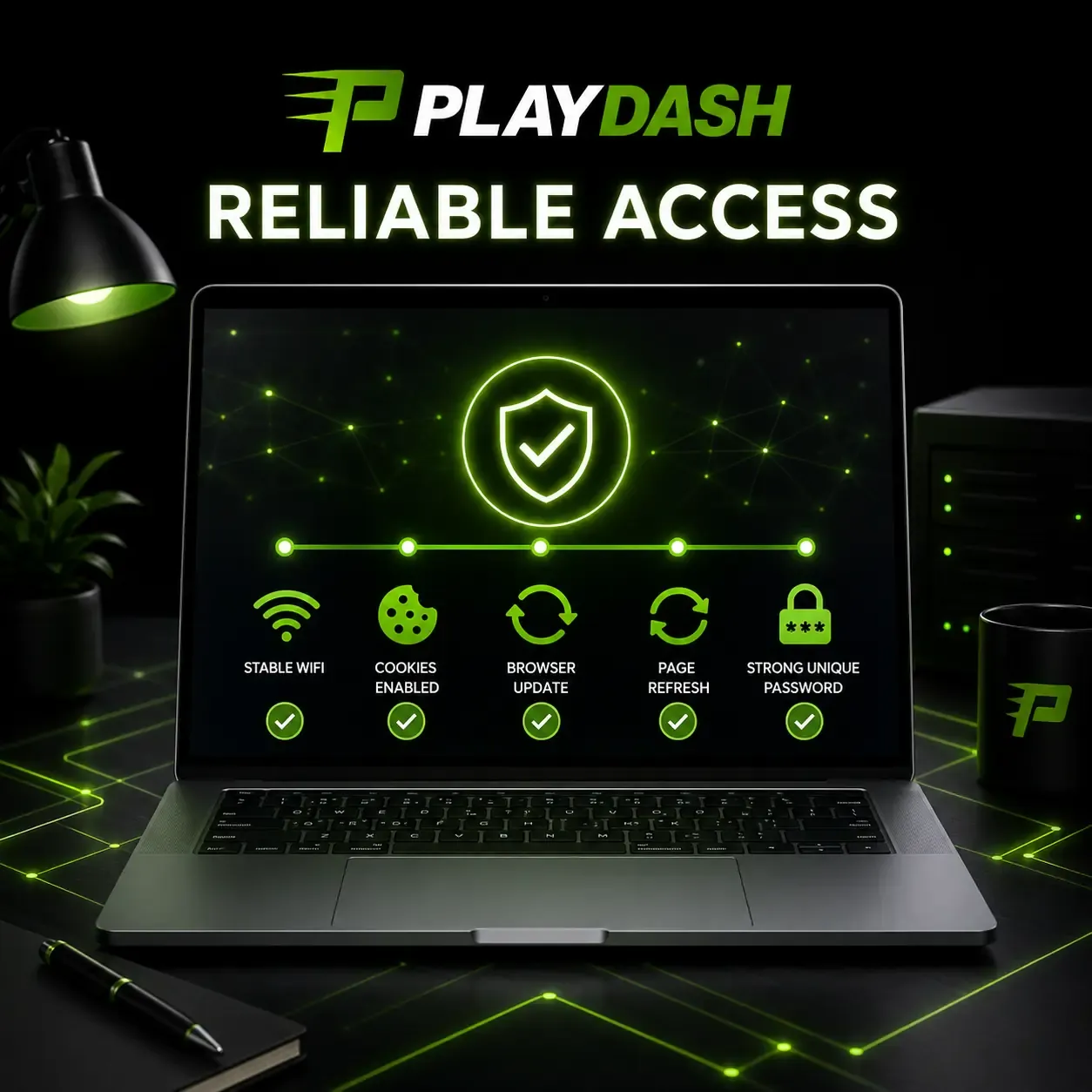 PLAYDASH reliable access artwork with a laptop checklist for stable Wi-Fi, cookies, browser updates and a strong password