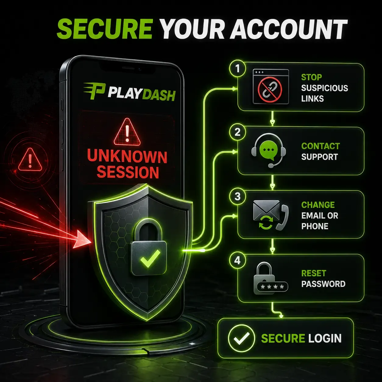 Secure your PLAYDASH account artwork with steps to stop suspicious links, contact support, change contact details and reset the password