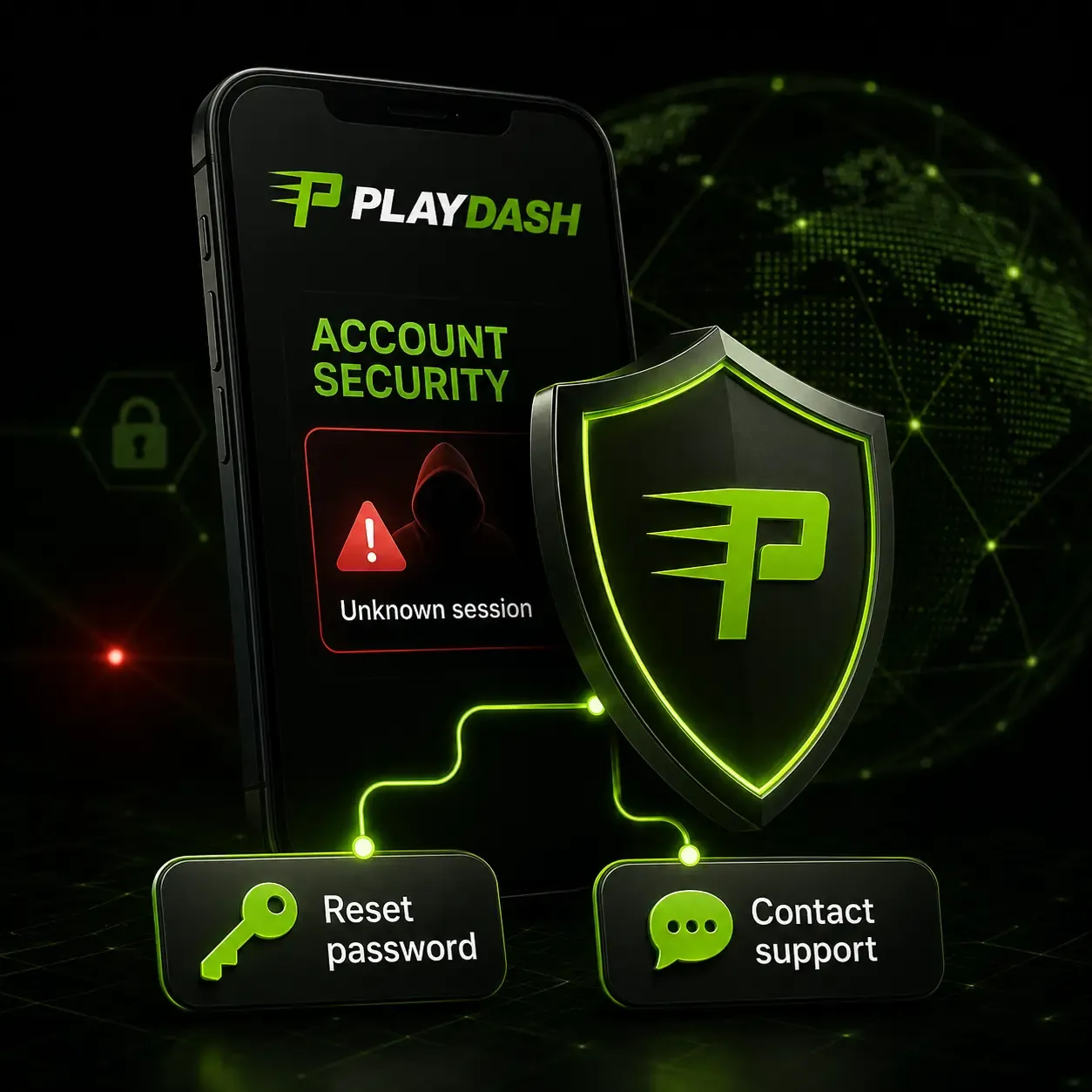PLAYDASH 账户安全插图：未知会话警告以及重置密码和联系客服选项