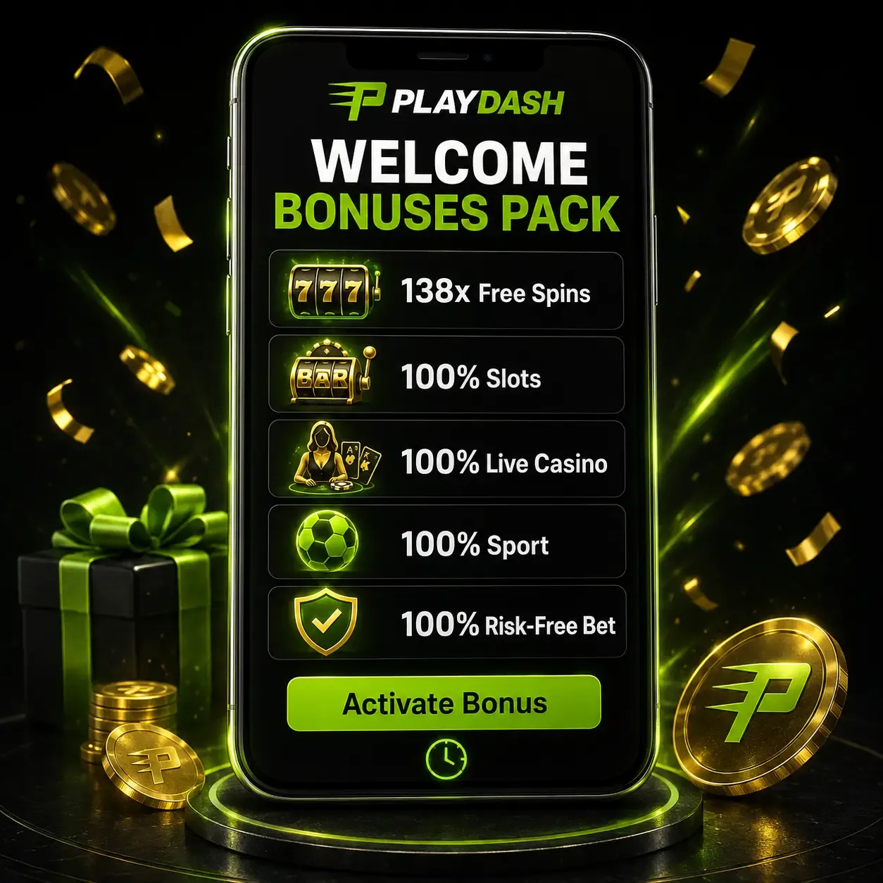 手机上的 PLAYDASH 欢迎奖金包：138x 免费旋转、100% 老虎机、100% 真人娱乐场、100% 体育和 100% 无风险投注